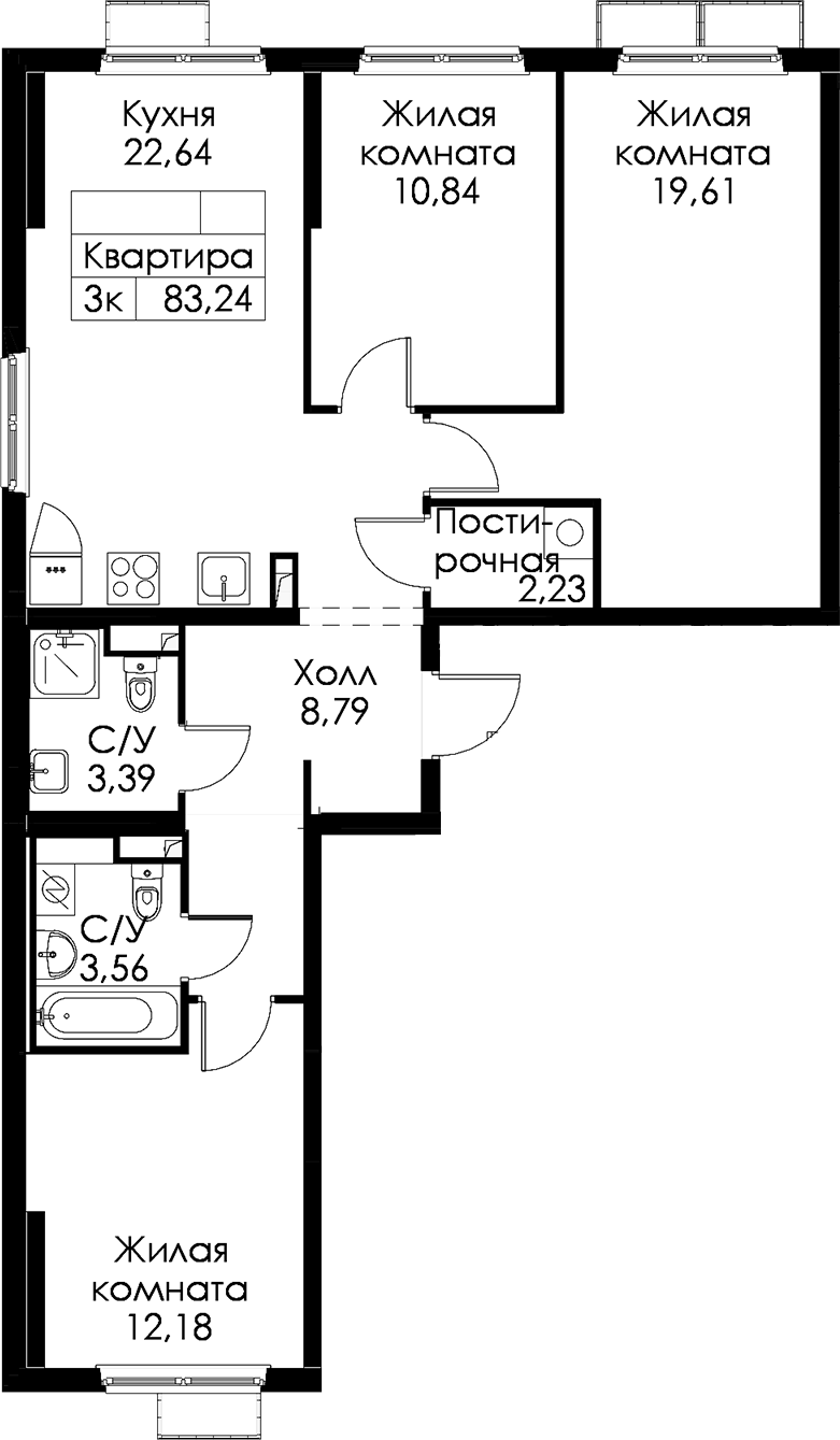 3-комнатная квартира 83.24 м², 2/15 эт., ЖК «Янинский лес»